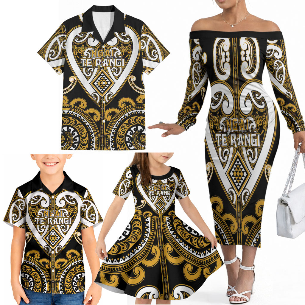 Custom Aotearoa Ngai Te Rangi Family Matching Off The Shoulder Long Sleeve Dress and Hawaiian Shirt Maori Tribal Pattern