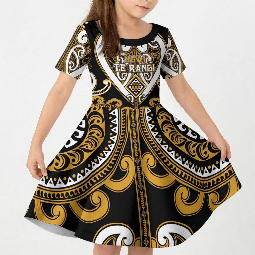 Custom Aotearoa Ngai Te Rangi Kid Short Sleeve Dress Maori Tribal Pattern