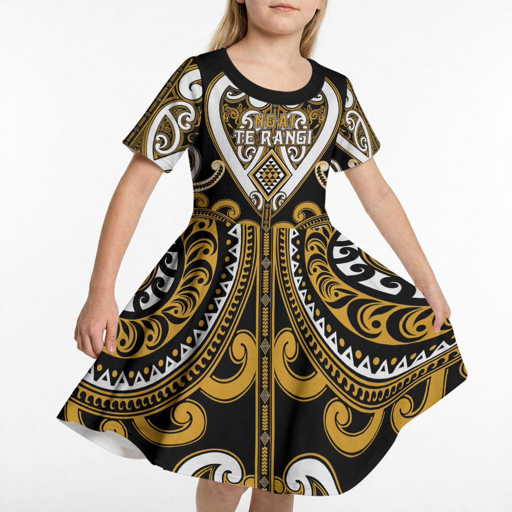 Custom Aotearoa Ngai Te Rangi Kid Short Sleeve Dress Maori Tribal Pattern