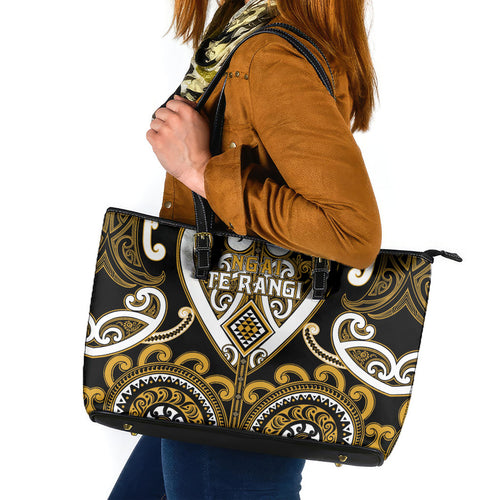 Aotearoa Ngai Te Rangi Leather Tote Bag Maori Tribal Pattern