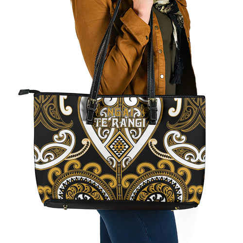 Aotearoa Ngai Te Rangi Leather Tote Bag Maori Tribal Pattern