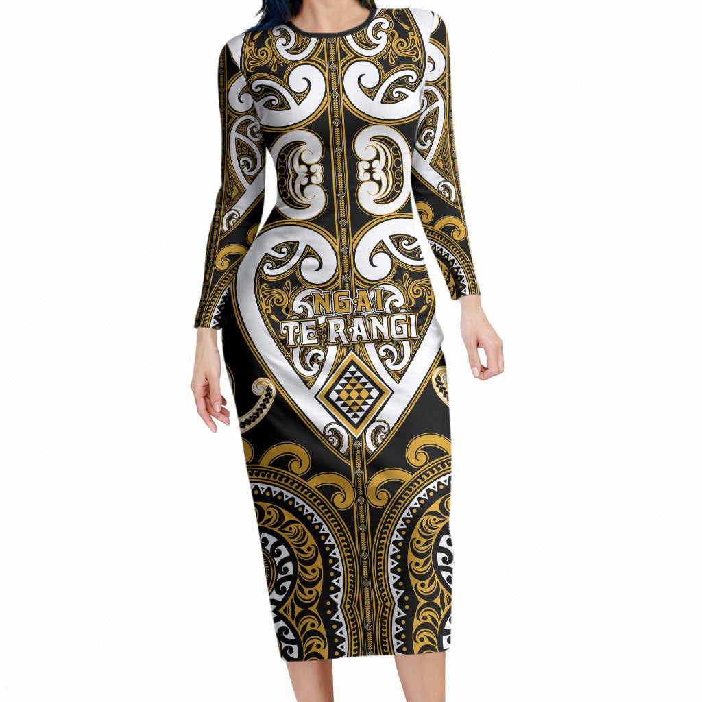 Custom Aotearoa Ngai Te Rangi Long Sleeve Bodycon Dress Maori Tribal Pattern