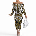 Custom Aotearoa Ngai Te Rangi Off The Shoulder Long Sleeve Dress Maori Tribal Pattern