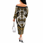 Custom Aotearoa Ngai Te Rangi Off The Shoulder Long Sleeve Dress Maori Tribal Pattern