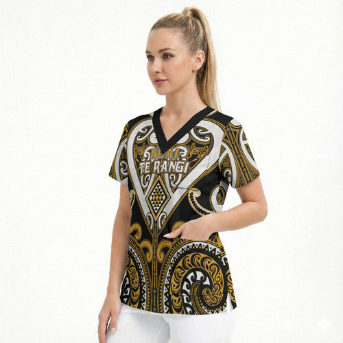 Custom Aotearoa Ngai Te Rangi Scrub Top Maori Tribal Pattern