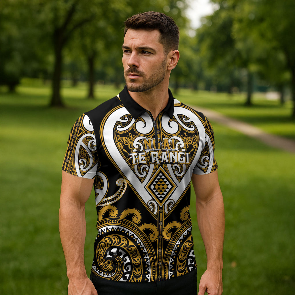 Custom Aotearoa Ngai Te Rangi Zipper Polo Shirt Maori Tribal Pattern