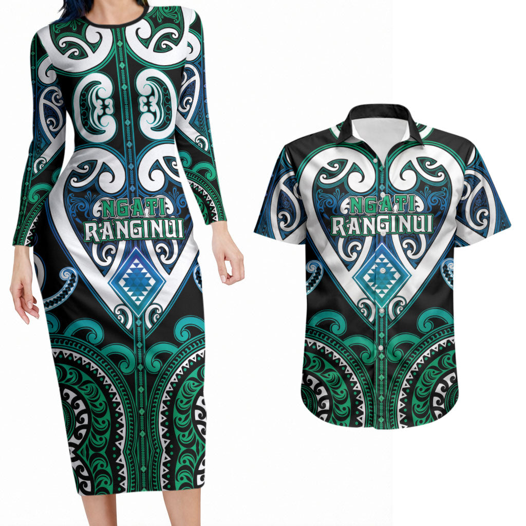 Custom Aotearoa Ngati Ranginui Couples Matching Long Sleeve Bodycon Dress and Hawaiian Shirt Maori Tribal Pattern