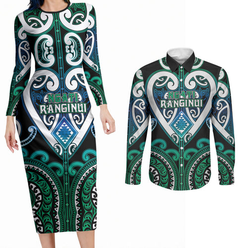 Custom Aotearoa Ngati Ranginui Couples Matching Long Sleeve Bodycon Dress and Long Sleeve Button Shirt Maori Tribal Pattern