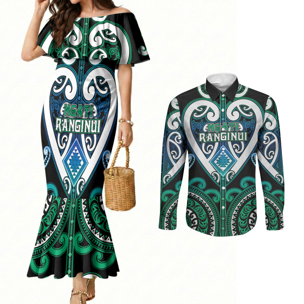 Custom Aotearoa Ngati Ranginui Couples Matching Mermaid Dress and Long Sleeve Button Shirt Maori Tribal Pattern