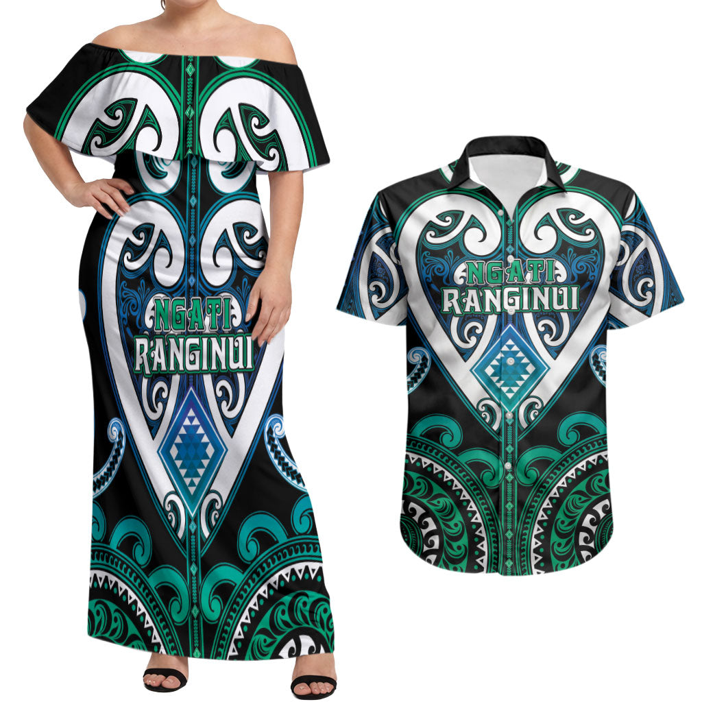 Custom Aotearoa Ngati Ranginui Couples Matching Off Shoulder Maxi Dress and Hawaiian Shirt Maori Tribal Pattern