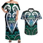 Custom Aotearoa Ngati Ranginui Couples Matching Off Shoulder Maxi Dress and Hawaiian Shirt Maori Tribal Pattern