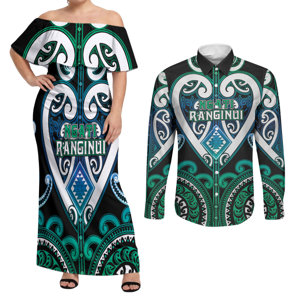 Custom Aotearoa Ngati Ranginui Couples Matching Off Shoulder Maxi Dress and Long Sleeve Button Shirt Maori Tribal Pattern