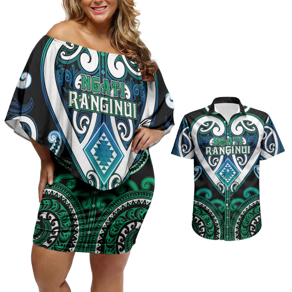 Custom Aotearoa Ngati Ranginui Couples Matching Off Shoulder Short Dress and Hawaiian Shirt Maori Tribal Pattern