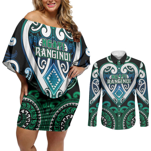 Custom Aotearoa Ngati Ranginui Couples Matching Off Shoulder Short Dress and Long Sleeve Button Shirt Maori Tribal Pattern