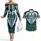 Custom Aotearoa Ngati Ranginui Couples Matching Off The Shoulder Long Sleeve Dress and Hawaiian Shirt Maori Tribal Pattern
