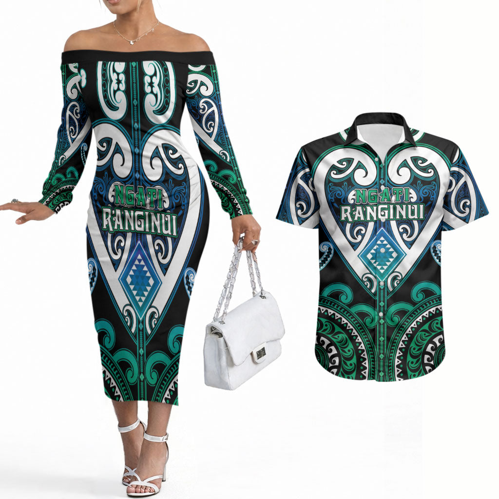 Custom Aotearoa Ngati Ranginui Couples Matching Off The Shoulder Long Sleeve Dress and Hawaiian Shirt Maori Tribal Pattern