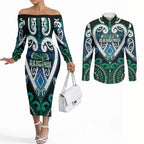 Custom Aotearoa Ngati Ranginui Couples Matching Off The Shoulder Long Sleeve Dress and Long Sleeve Button Shirt Maori Tribal Pattern