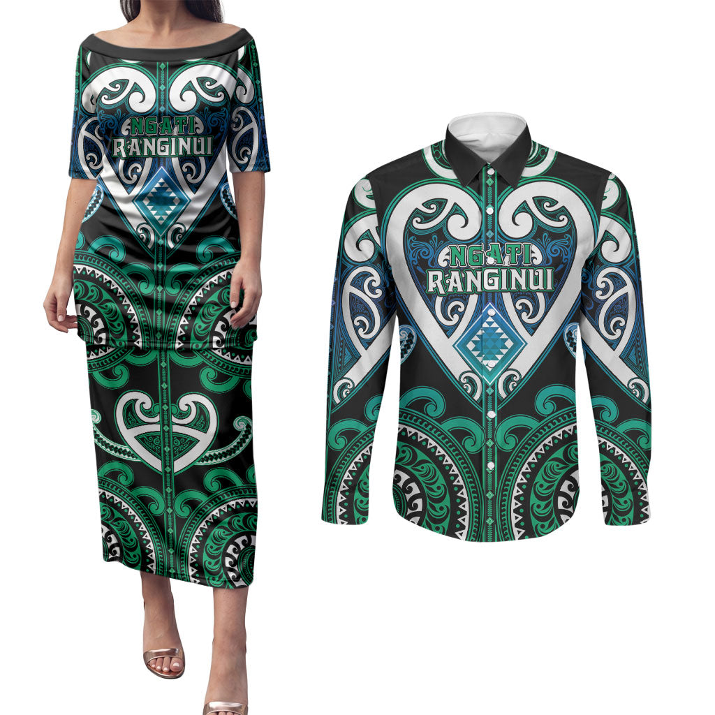 Custom Aotearoa Ngati Ranginui Couples Matching Puletasi and Long Sleeve Button Shirt Maori Tribal Pattern