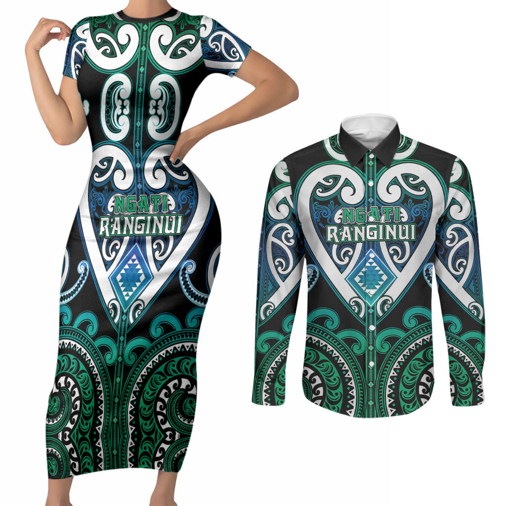 Custom Aotearoa Ngati Ranginui Couples Matching Short Sleeve Bodycon Dress and Long Sleeve Button Shirt Maori Tribal Pattern