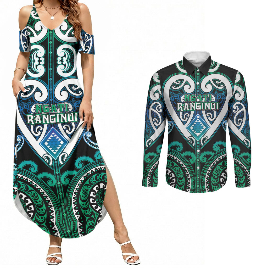 Custom Aotearoa Ngati Ranginui Couples Matching Summer Maxi Dress and Long Sleeve Button Shirt Maori Tribal Pattern