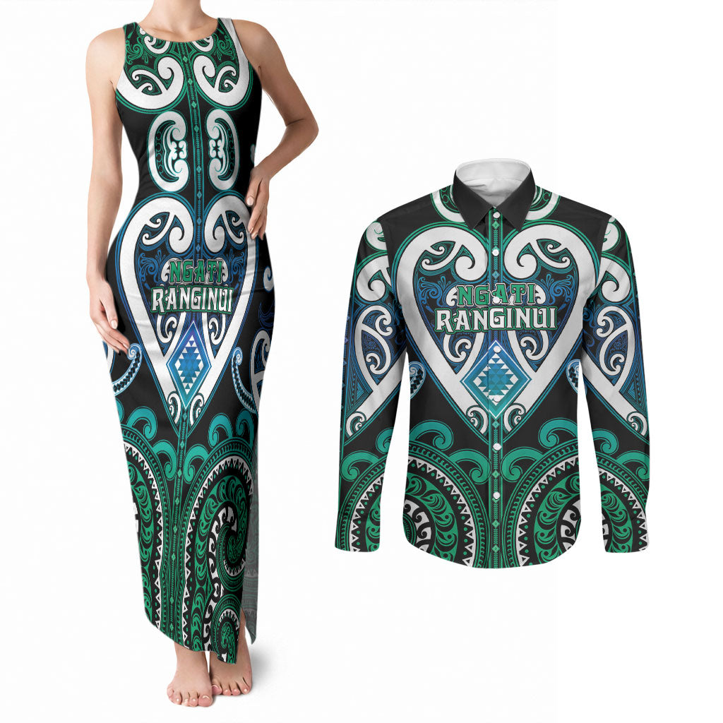 Custom Aotearoa Ngati Ranginui Couples Matching Tank Maxi Dress and Long Sleeve Button Shirt Maori Tribal Pattern