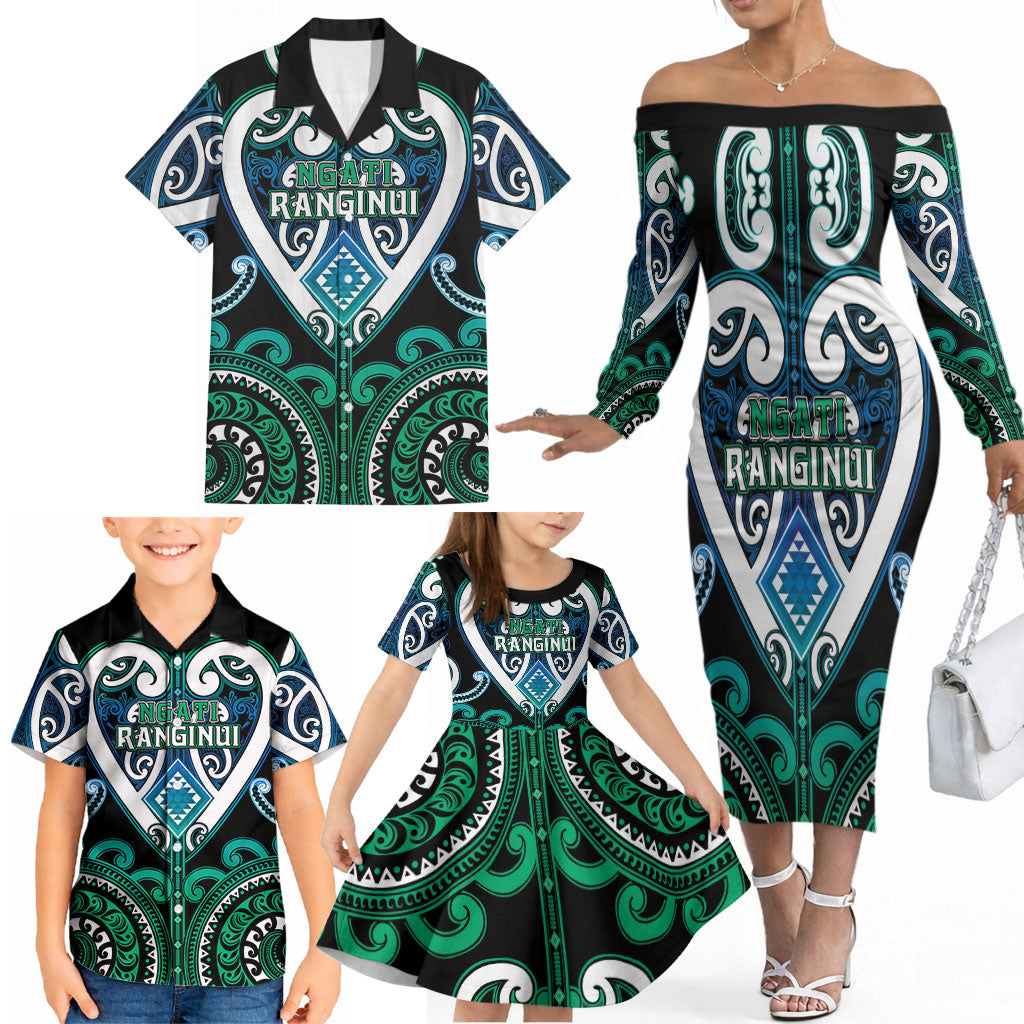 Custom Aotearoa Ngati Ranginui Family Matching Off The Shoulder Long Sleeve Dress and Hawaiian Shirt Maori Tribal Pattern