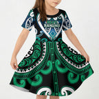 Custom Aotearoa Ngati Ranginui Kid Short Sleeve Dress Maori Tribal Pattern