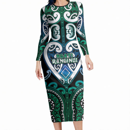 Custom Aotearoa Ngati Ranginui Long Sleeve Bodycon Dress Maori Tribal Pattern