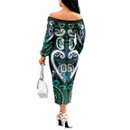 Custom Aotearoa Ngati Ranginui Off The Shoulder Long Sleeve Dress Maori Tribal Pattern