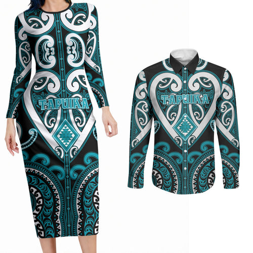 Custom Aotearoa Tapuika Couples Matching Long Sleeve Bodycon Dress and Long Sleeve Button Shirt Maori Tribal Pattern