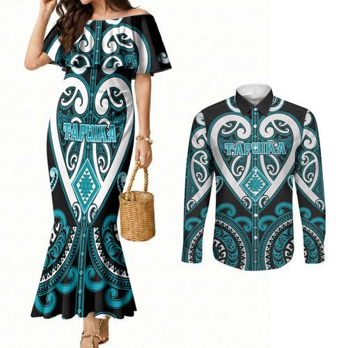 Custom Aotearoa Tapuika Couples Matching Mermaid Dress and Long Sleeve Button Shirt Maori Tribal Pattern