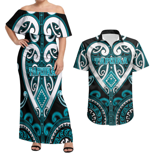 Custom Aotearoa Tapuika Couples Matching Off Shoulder Maxi Dress and Hawaiian Shirt Maori Tribal Pattern
