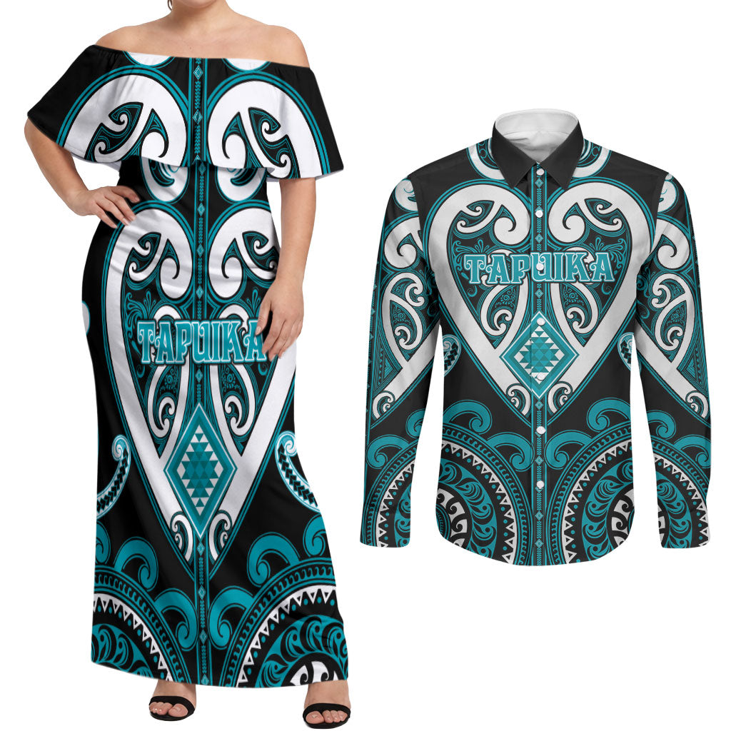 Custom Aotearoa Tapuika Couples Matching Off Shoulder Maxi Dress and Long Sleeve Button Shirt Maori Tribal Pattern