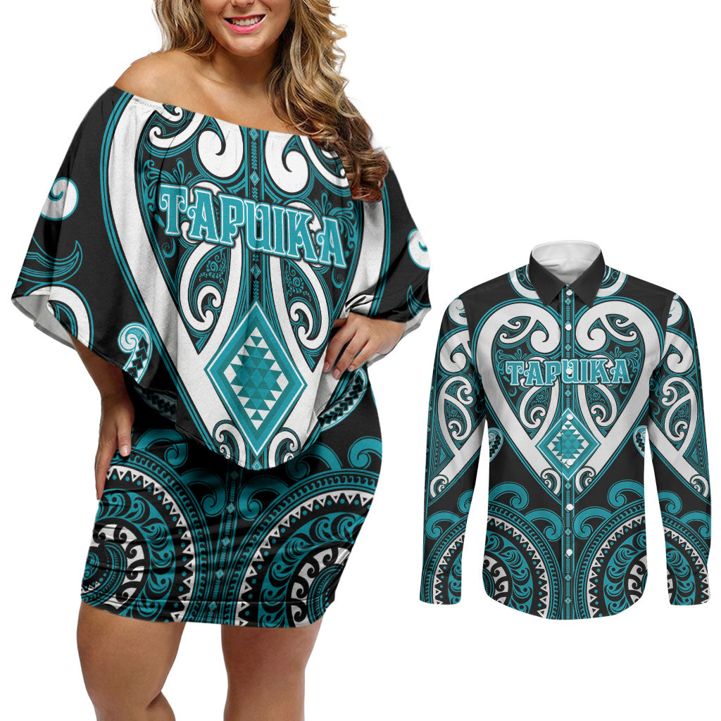 Custom Aotearoa Tapuika Couples Matching Off Shoulder Short Dress and Long Sleeve Button Shirt Maori Tribal Pattern