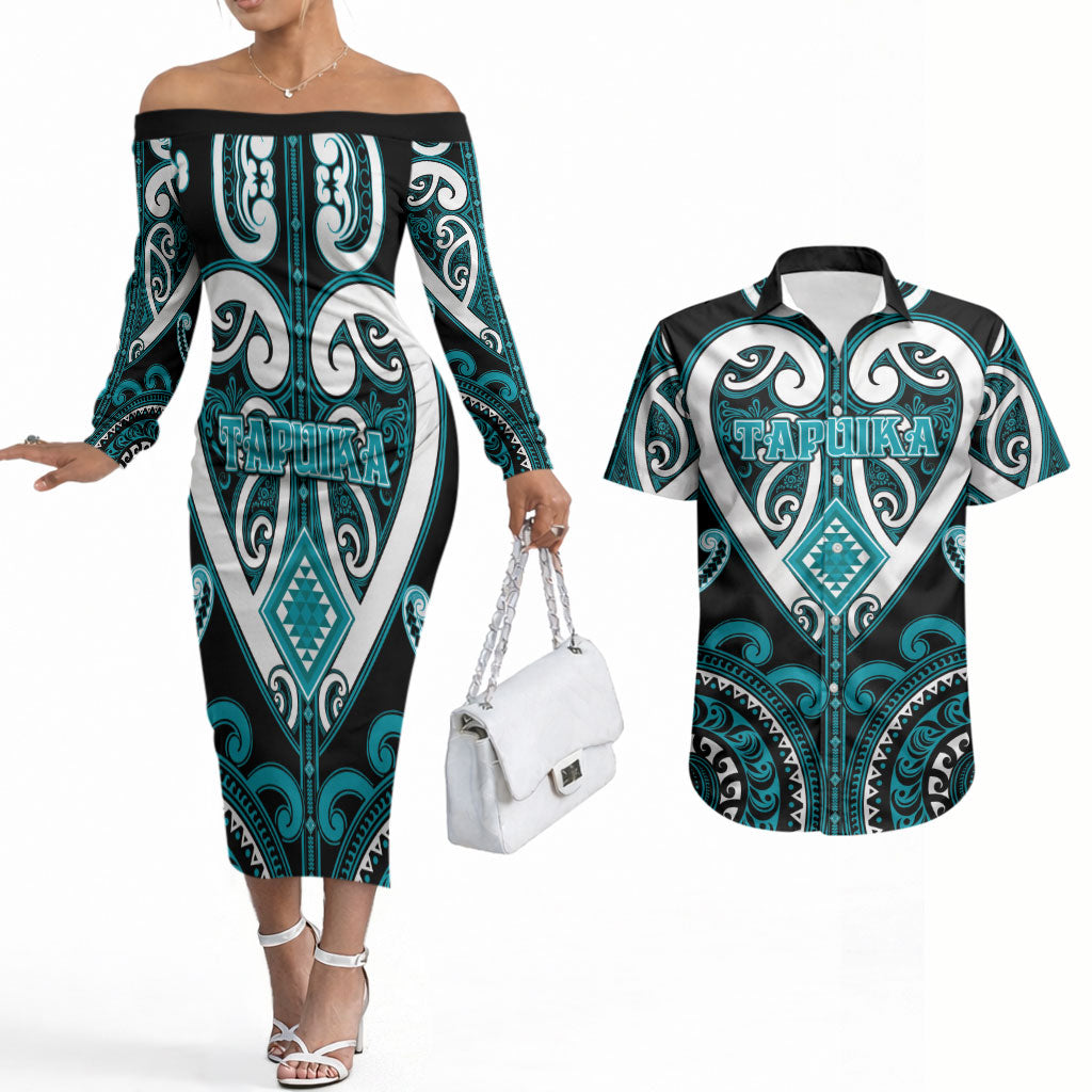 Custom Aotearoa Tapuika Couples Matching Off The Shoulder Long Sleeve Dress and Hawaiian Shirt Maori Tribal Pattern