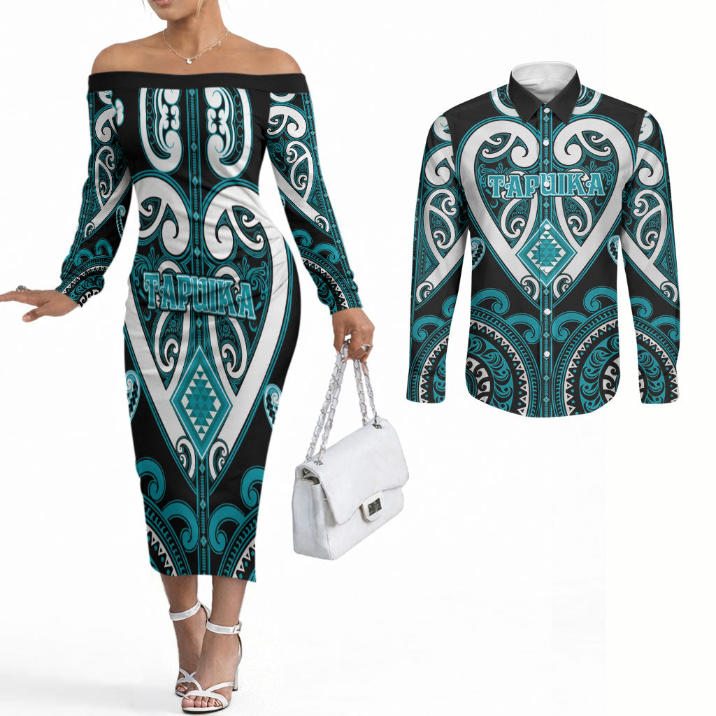 Custom Aotearoa Tapuika Couples Matching Off The Shoulder Long Sleeve Dress and Long Sleeve Button Shirt Maori Tribal Pattern