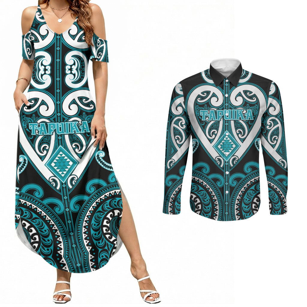 Custom Aotearoa Tapuika Couples Matching Summer Maxi Dress and Long Sleeve Button Shirt Maori Tribal Pattern