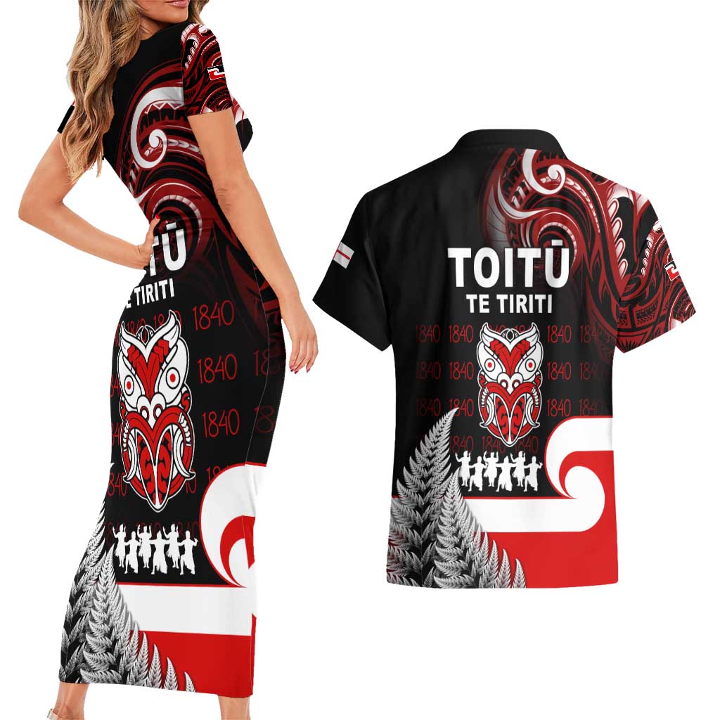 Aotearoa Toitu He Whakaputanga Couples Matching Short Sleeve Bodycon Dress and Hawaiian Shirt Toitu Te Tiriti O Waitangi