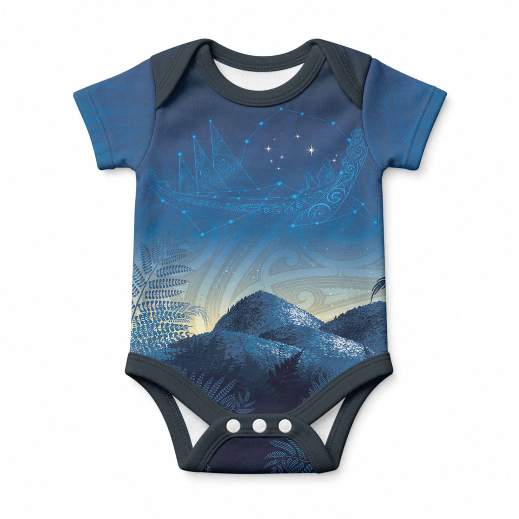 New Zealand Matariki Baby Onesie Maori Waka With Silver Fern