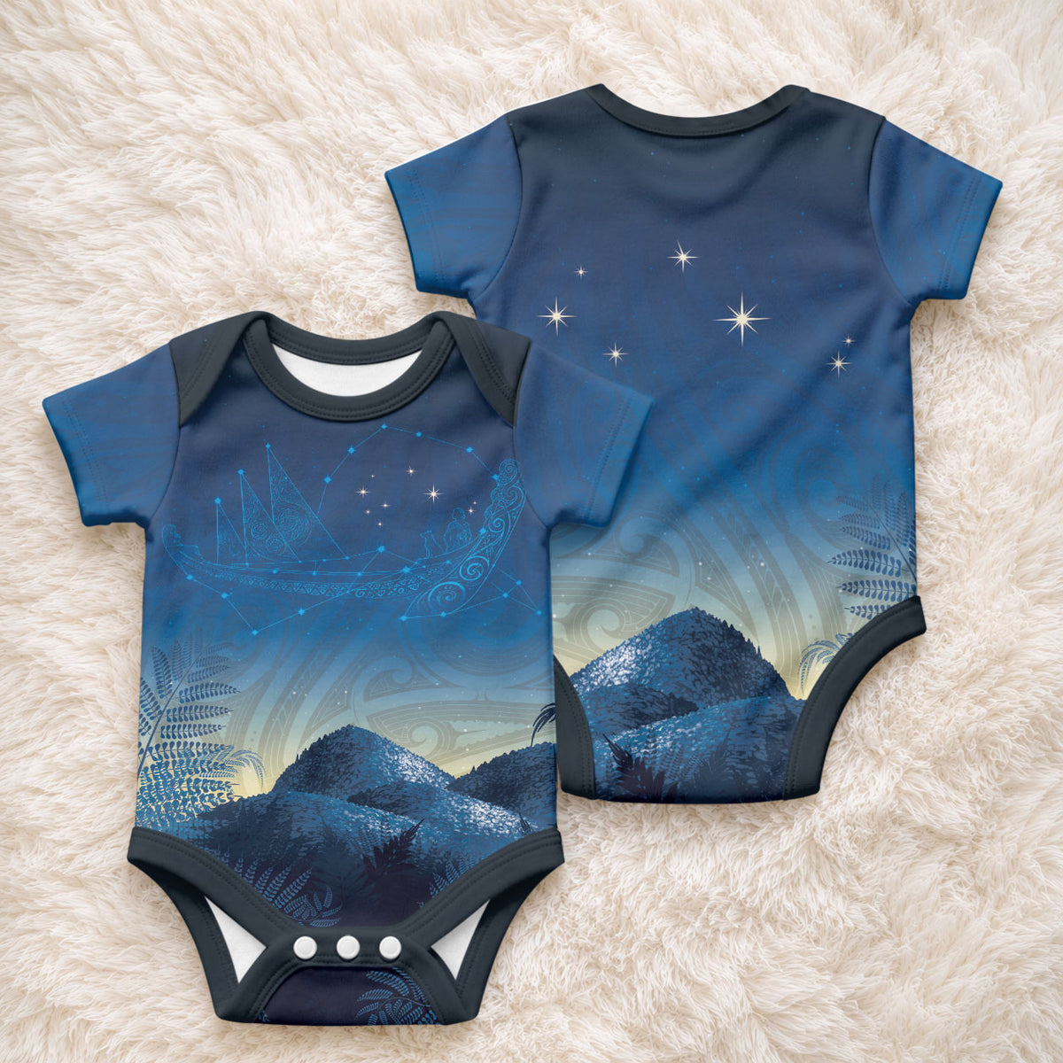New Zealand Matariki Baby Onesie Maori Waka With Silver Fern