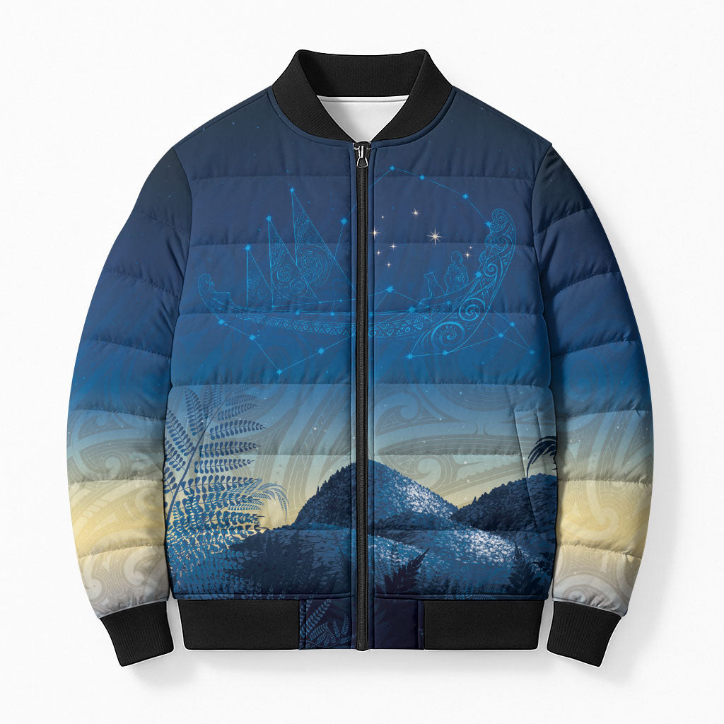 New Zealand Matariki Bomber Puffer Jacket Maori Waka With Silver Fern