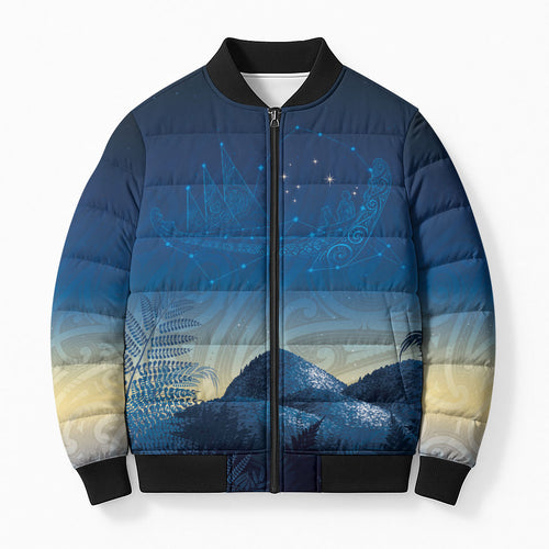 New Zealand Matariki Bomber Puffer Jacket Maori Waka With Silver Fern