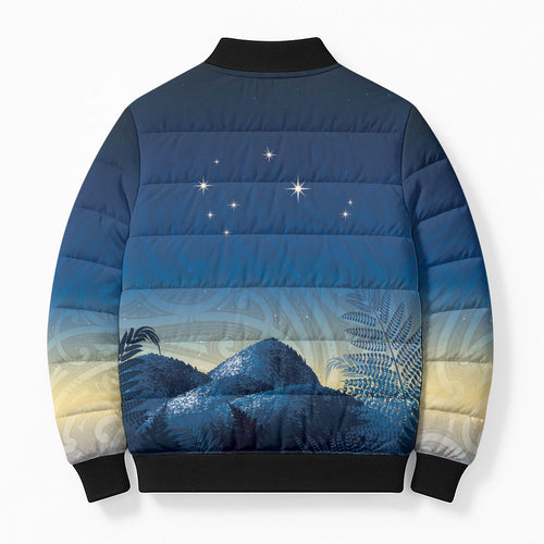 New Zealand Matariki Bomber Puffer Jacket Maori Waka With Silver Fern