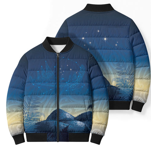 New Zealand Matariki Bomber Puffer Jacket Maori Waka With Silver Fern