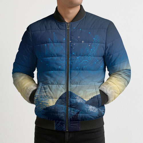 New Zealand Matariki Bomber Puffer Jacket Maori Waka With Silver Fern