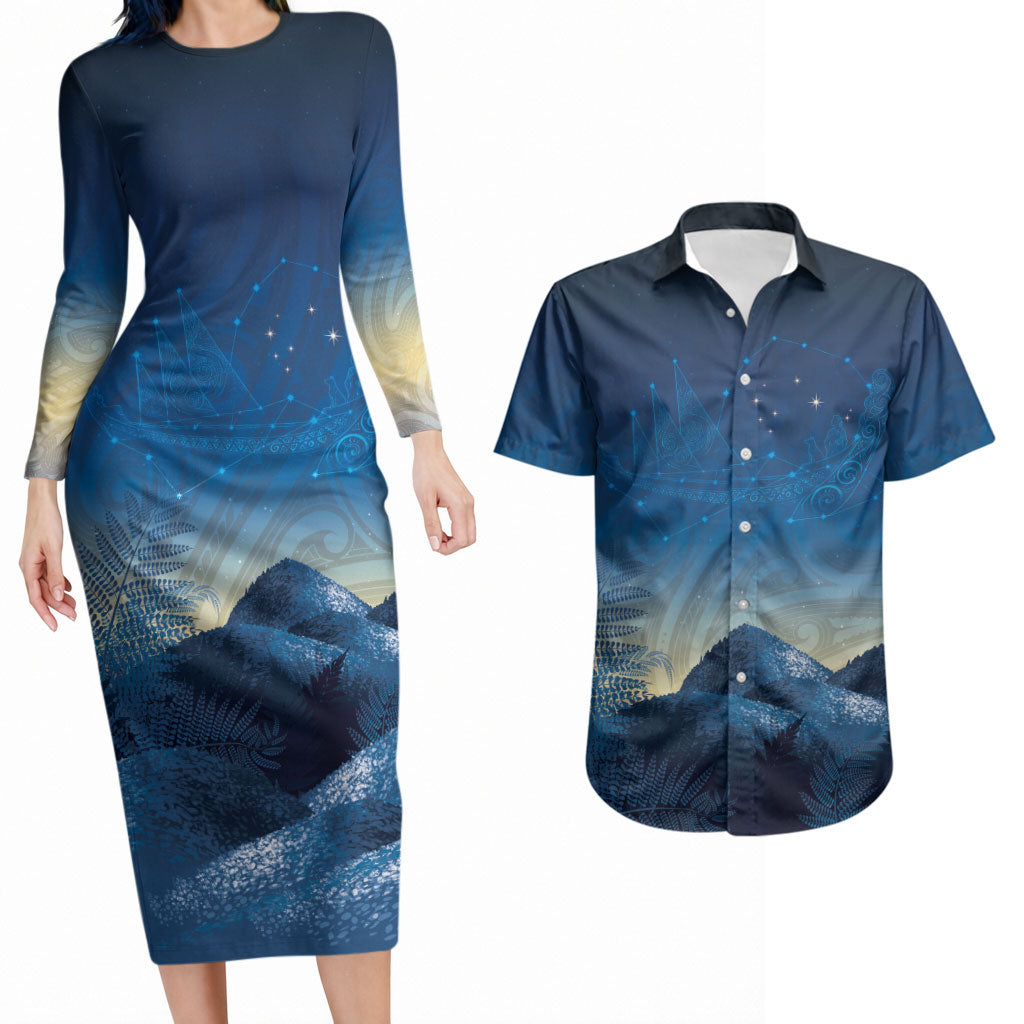 New Zealand Matariki Couples Matching Long Sleeve Bodycon Dress and Hawaiian Shirt Maori Waka With Silver Fern