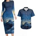 New Zealand Matariki Couples Matching Long Sleeve Bodycon Dress and Hawaiian Shirt Maori Waka With Silver Fern