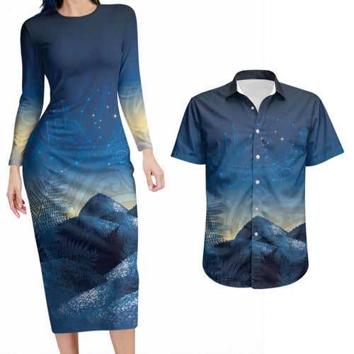 New Zealand Matariki Couples Matching Long Sleeve Bodycon Dress and Hawaiian Shirt Maori Waka With Silver Fern