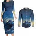 New Zealand Matariki Couples Matching Long Sleeve Bodycon Dress and Long Sleeve Button Shirt Maori Waka With Silver Fern