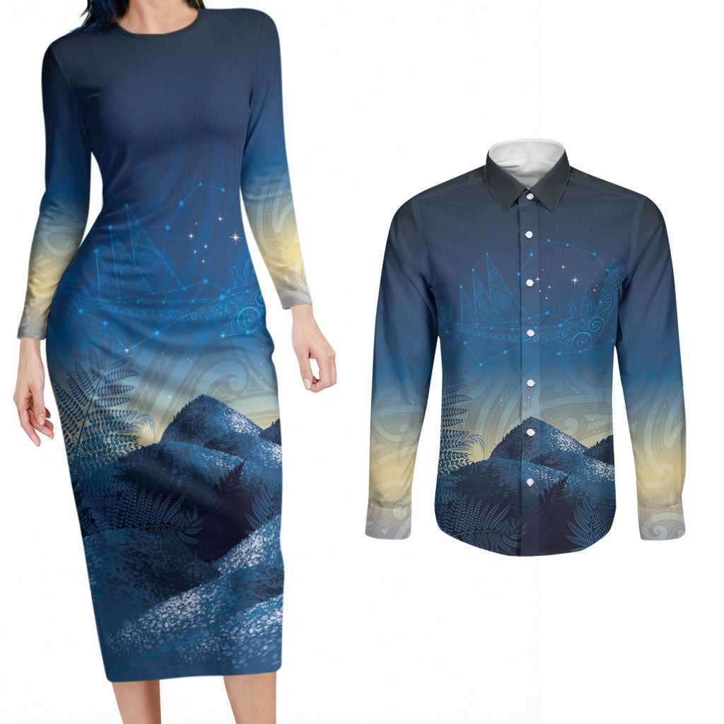 New Zealand Matariki Couples Matching Long Sleeve Bodycon Dress and Long Sleeve Button Shirt Maori Waka With Silver Fern